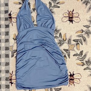Dusty Blue Halter Neck Ruched Bodycon Dress